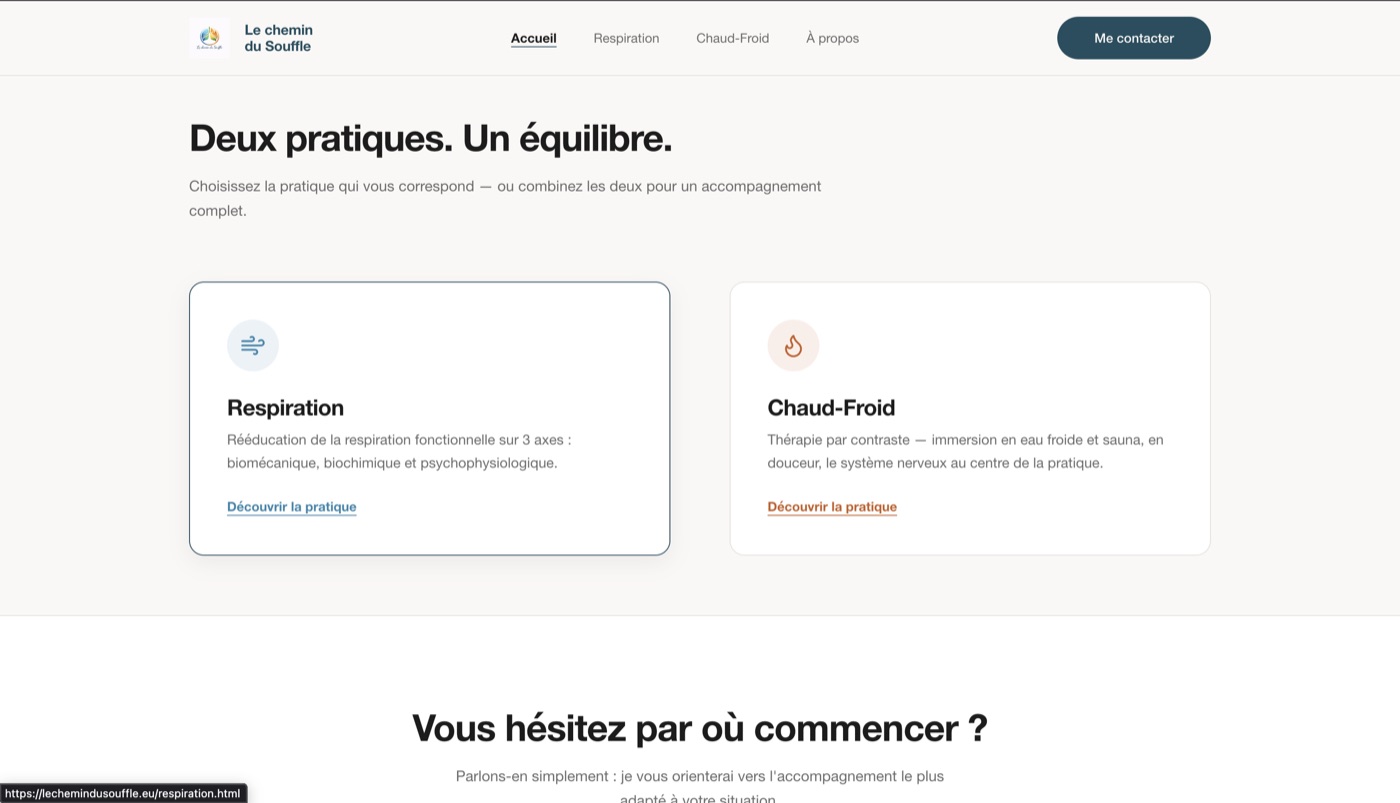 Aperçu du site Le Chemin du Souffle — page des pratiques